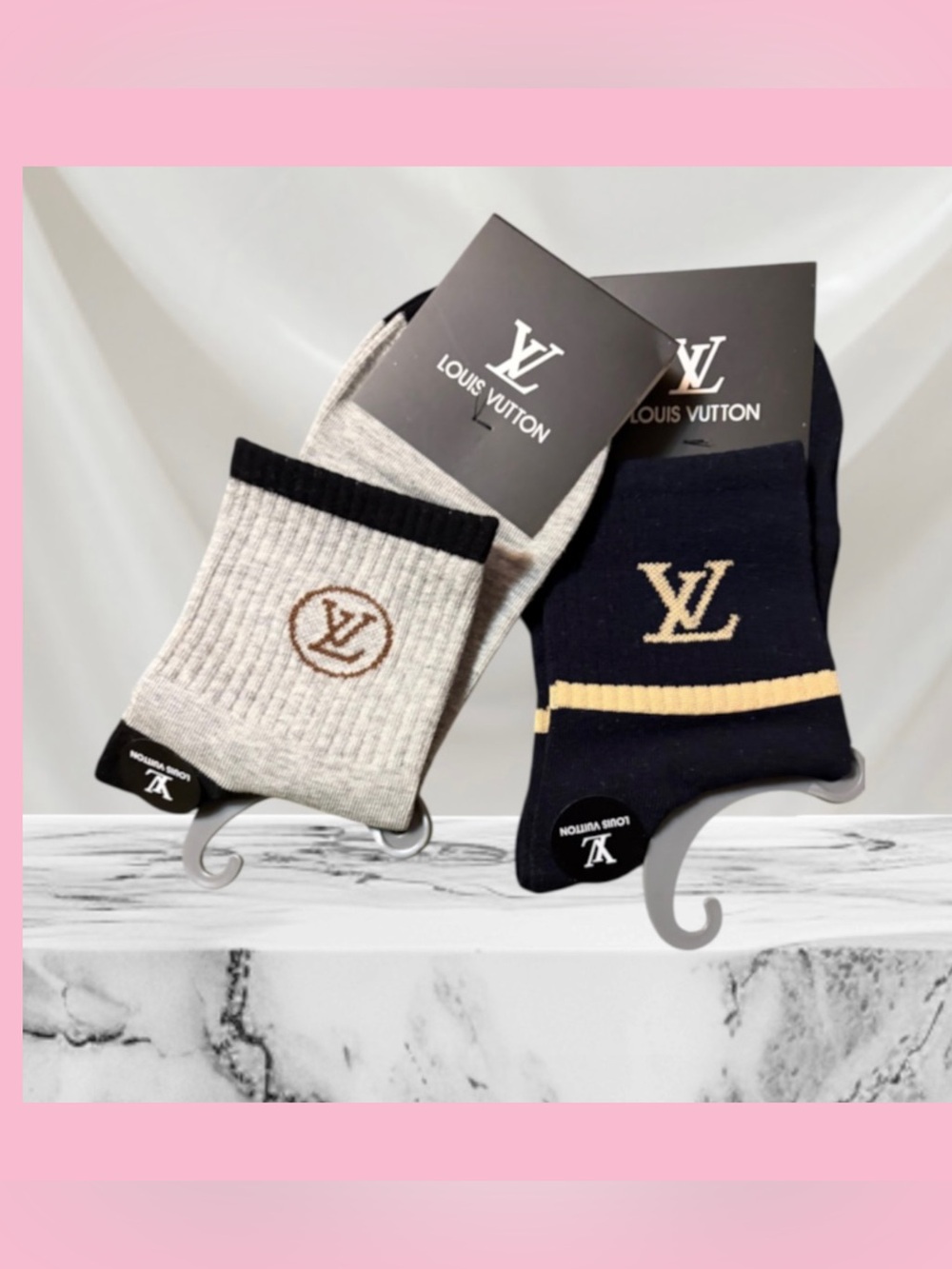 Louis Vuitton Men's Crew Socks in Beige and Navy with LV Monogram